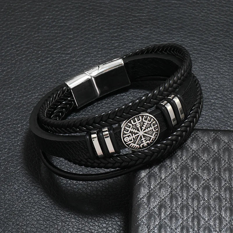 Valknut Nordic Compass Leather Bracelet