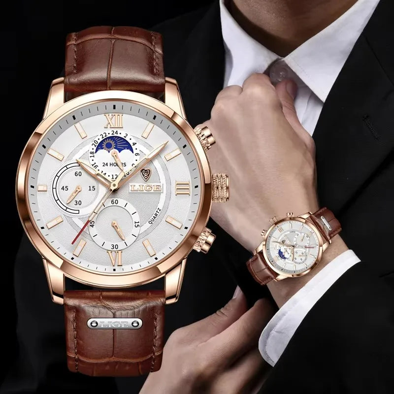 LIGE Luxury Leather Quartz