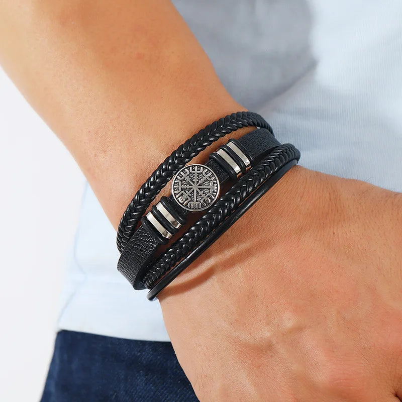 Valknut Nordic Compass Leather Bracelet
