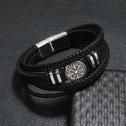 Valknut Nordic Compass Leather Bracelet